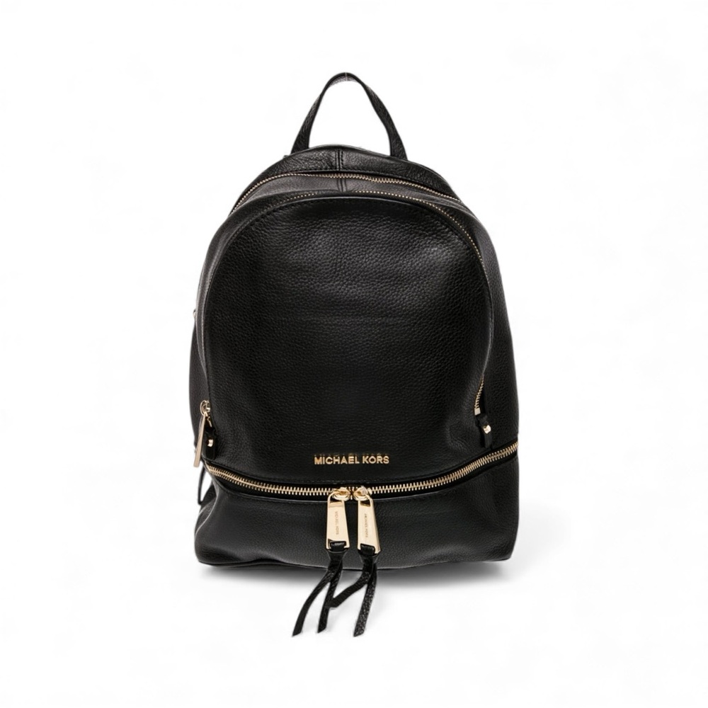 Michael Kors Rhea BLACK PEBBLE Leather Casual Backpack Goldtone Details